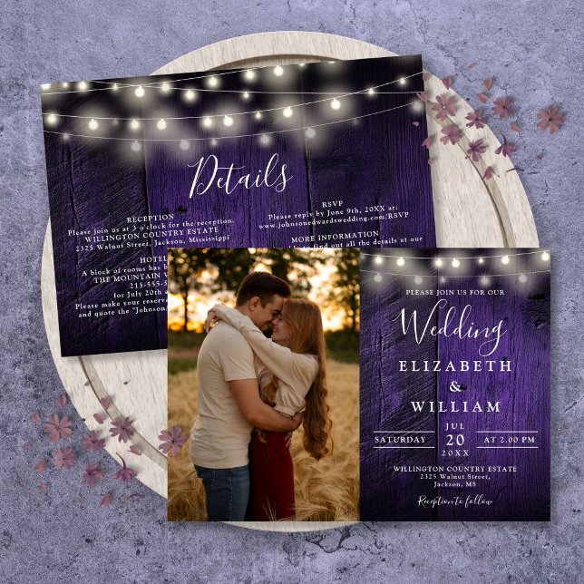 Alla i en lila trädsträngljus för bröllopsfoto inbjudningar (All In One Purple Wood String Lights Wedding Photo Invitation)