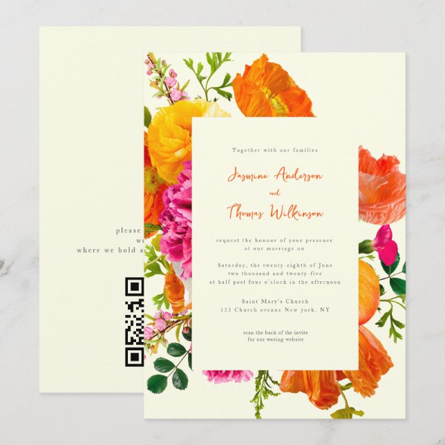 alla i en orange med  i bröllop-kvadraten bröllop inbjudningar (Fram/baksida)