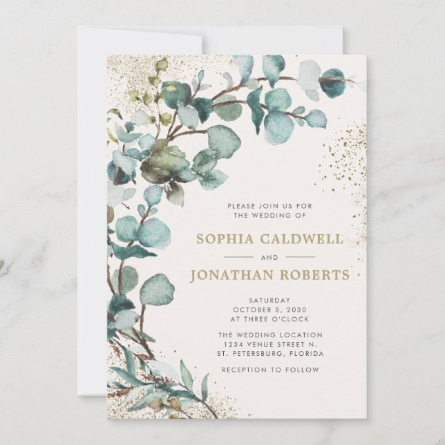 Alla i en QR-kod Eucalyptus Guld Glitter Bröllop Inbjudningar (Framsida)