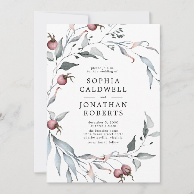 Alla i en QR-kod Winter Berries Greenery Bröllop Inbjudningar (Framsida)