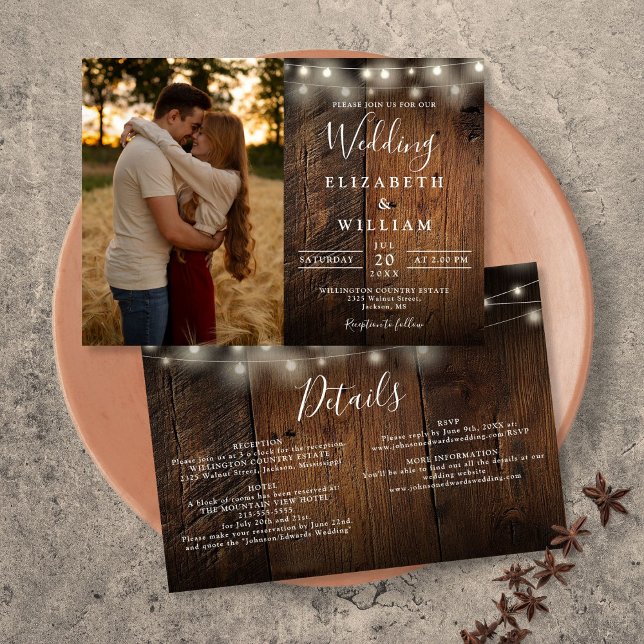 Alla i en rustik trådbelysning för bröllopsfoto inbjudningar (All In One Rustic Wood String Lights Wedding Photo Invitation)