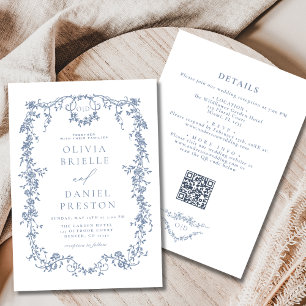 Alla i en Victorian Dusty Blue QR Code Bröllop Inbjudningar
