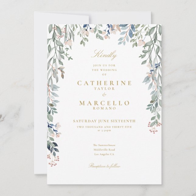 Alla i ett Guld Wildblommor Blommigt Bröllop Inbjudningar (Framsida)