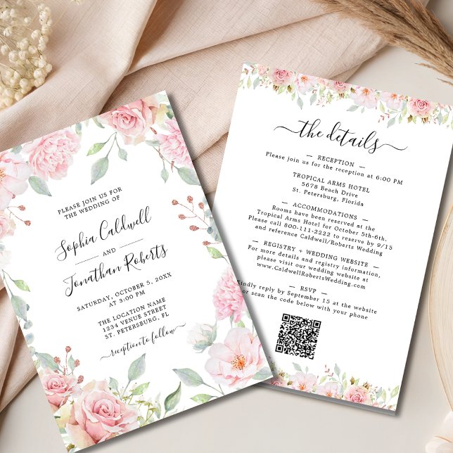 Alla i ett Rosa ros Sage Greenery Bröllop Inbjudningar (All in One Elegant Pink Roses and Sage Greenery Wedding Invitation)