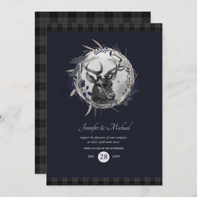 ALLA inbjudningar - Blågrå tartan med vinterhjort (Fram/baksida)