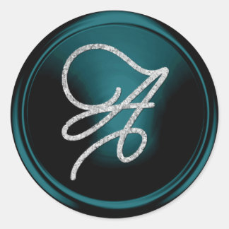 ALLA INITIALER Silver Script Monogram Tealblå Runt Klistermärke