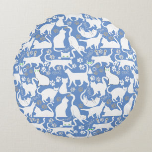 Alla katter mönster.w.bx4 L Blue BG Rund Kudde