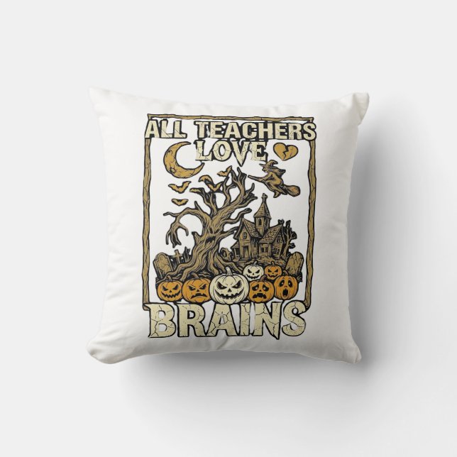 Alla lärare älskar hjärnor Halloween Spökhus P Kudde (Framsida)