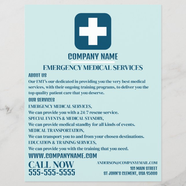 Alla medicinska Färg-tecken, EMT, Sjukvårdare Reklamblad (Framsidan)