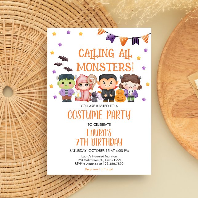 Alla monster sammankallas till Halloween-födelseda Inbjudningar (Calling All Monsters Spooktacular Halloween Costume Birthday Party Invitation)