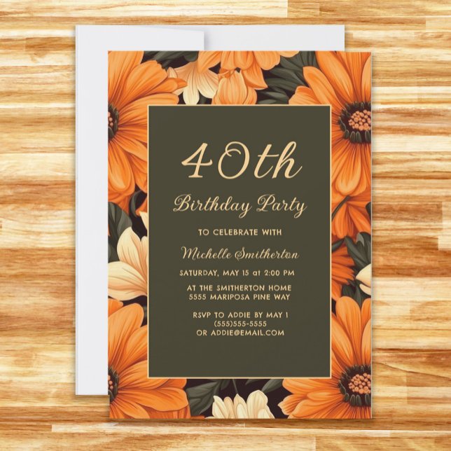 Alla Orangar vid åldern Blommor Brown 40:e födelse Inbjudningar (Orange flowers on brown 40th birthday party invitation)