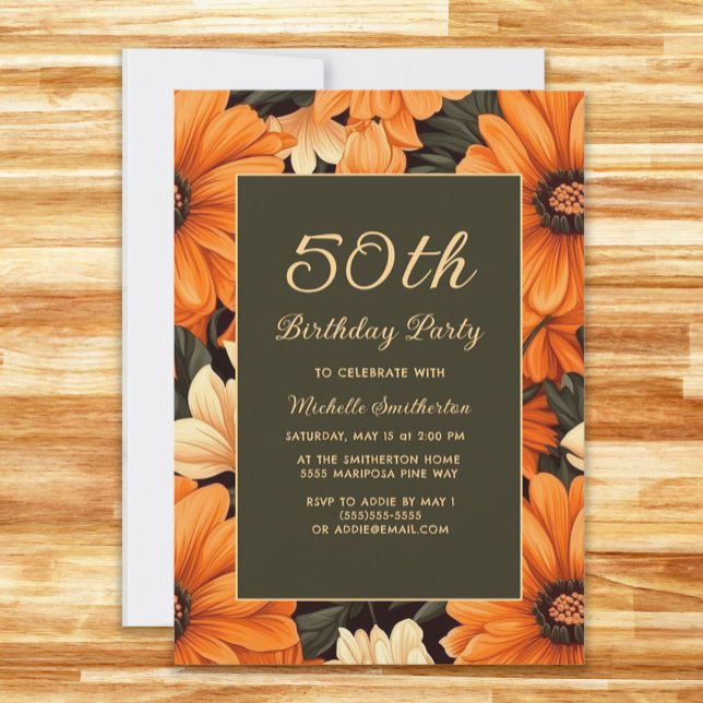 Alla Orangar vid åldern Blommor Brun 50:e födelsed Inbjudningar (Orange flowers on brown 50th birthday party invitation)
