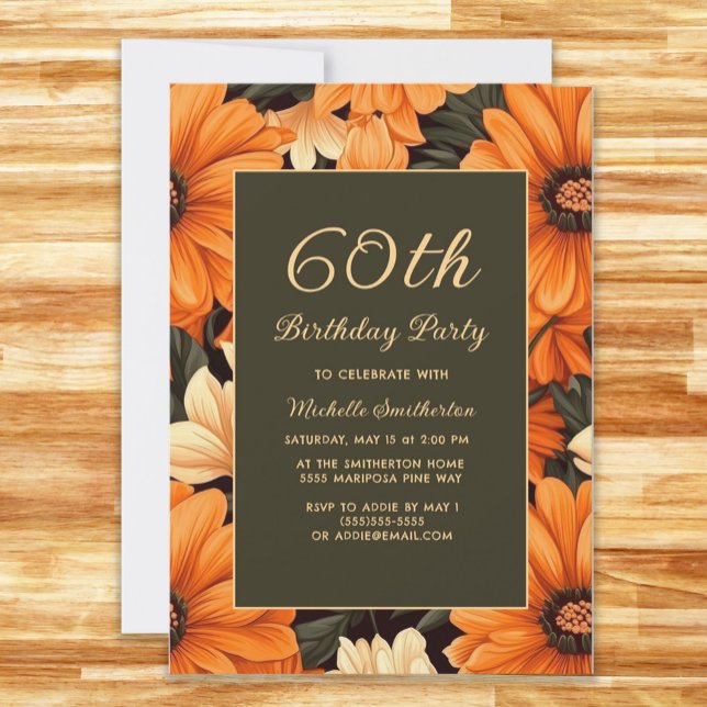 Alla Orangar vid åldern Blommor Brun 60:e födelsed Inbjudningar (Orange flowers on brown 60th birthday party invitation)