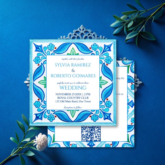 Alla plattor i Aqua Blue Talavera i bröllop Inbjudningar (Aqua Blue Talavera tiles all in one wedding Invitations with RSVP vintage Mexican wedding cards)
