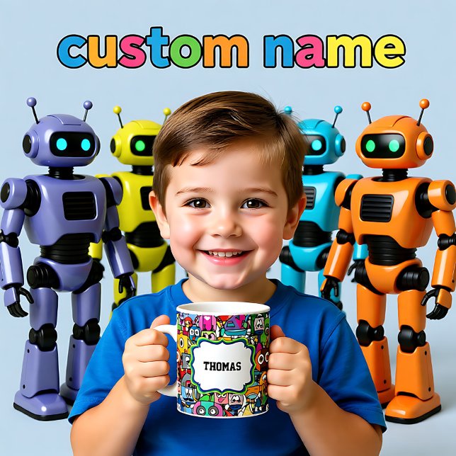 Alla robotar med ditt namn kaffemugg (All robots with your name coffee mug)