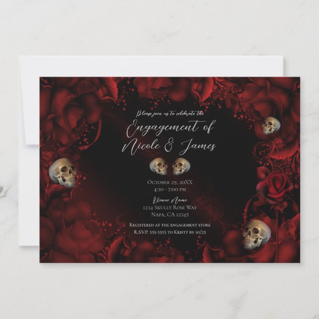 Alla röda rosor & Dödskallar Mörkt blomsterarrange Inbjudningar (Framsida)
