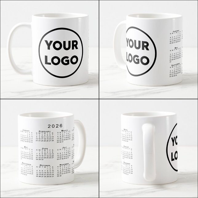 Alla Shape Business Company Logotyp 2026-kalender Kaffemugg (Any Shape Business Company Logo 2026 Calendar Coffee Mug, multiple views)