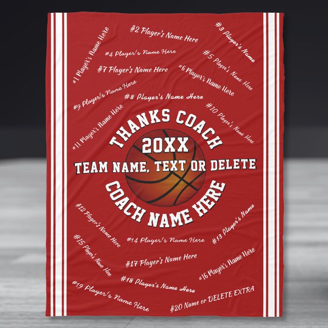 Alla spelares namn, present till baskettränare, rö fleecefilt (Good gifts for basketball coaches. Basketball Coach blanket. Personalized Basketball Coach Gifts. )