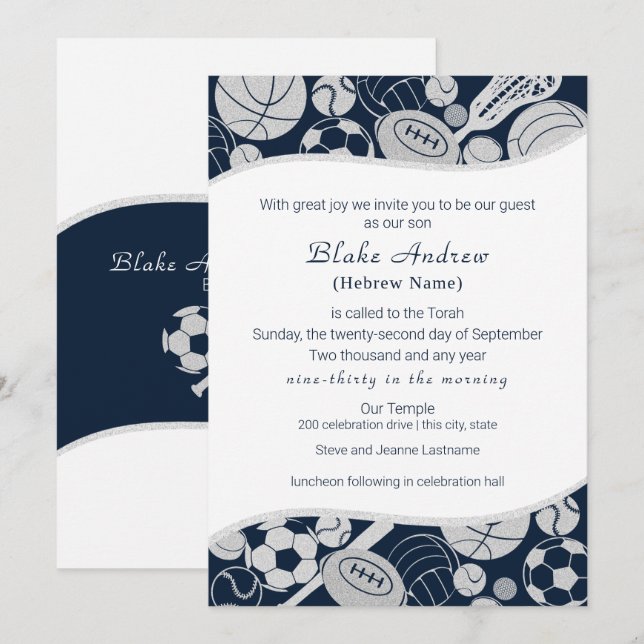 Alla sportar Pub Mitzvah Silver Blue Inbjudningar (Fram/baksida)