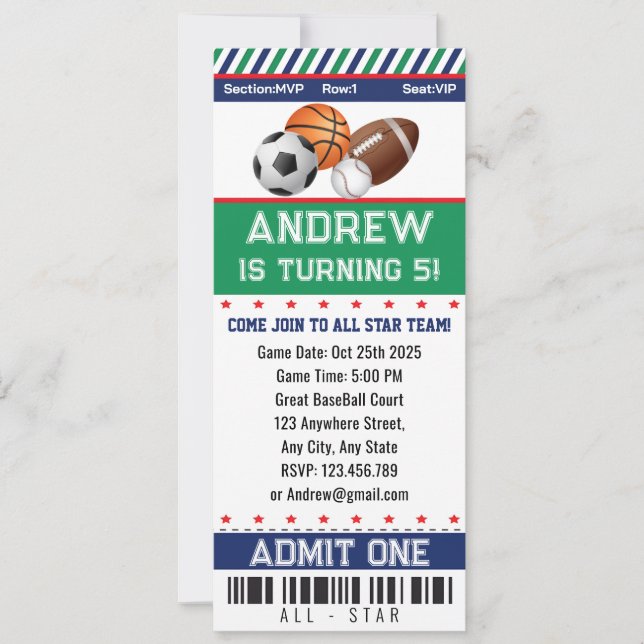 Alla stjärnor Sports Biljett Birthday-inbjudan Inbjudningar (Framsida)