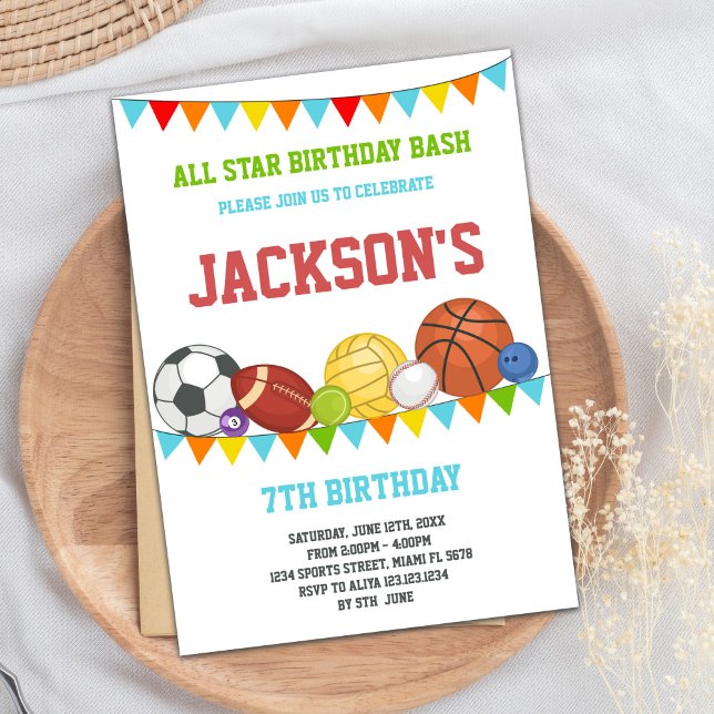 Alla stjärnor Sports Party födelsedag inbjuds Inbjudningar (All Stars Sports Party Birthday Invitations)