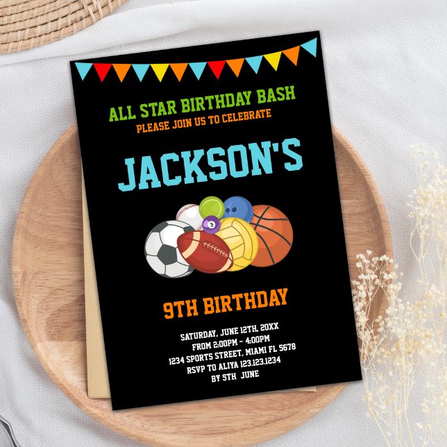 Alla stjärnor, svarta sporter, Party-födelsedagsin Inbjudningar (All Stars Black Sports Party Birthday Invitations)