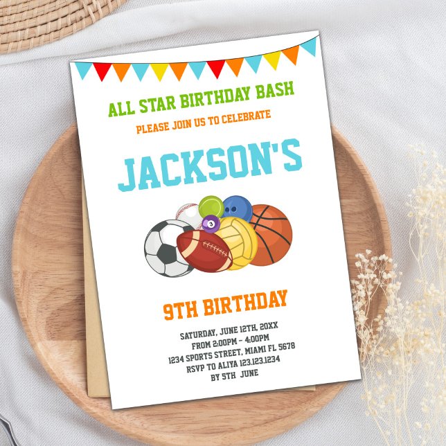 Alla stjärnor, vita sporter Party, födelsedagsinbj Inbjudningar (All Stars White Sports Party Birthday Invitations)
