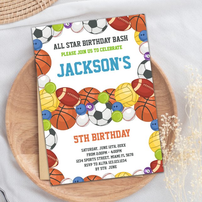 Alla stjärnor, vita sporter Party, födelsedagsinbj Inbjudningar (All Stars White Sports Party Birthday Invitations)