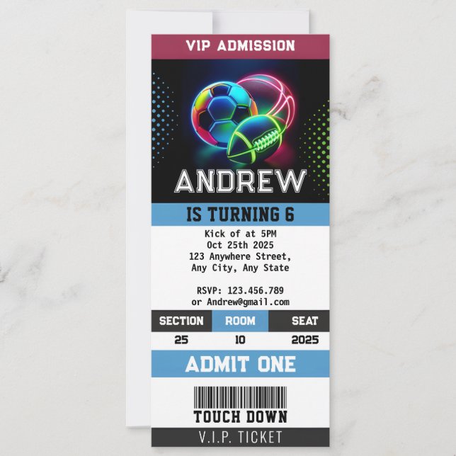 Alla stjärnsporter i Biljett på födelsedagen Inbjudningar (Framsida)