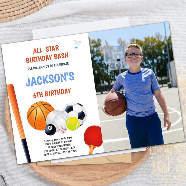 Alla stjärnsporter på födelsedagen med foto inbjudningar (All Star Sports Birthday Invitations with photo)