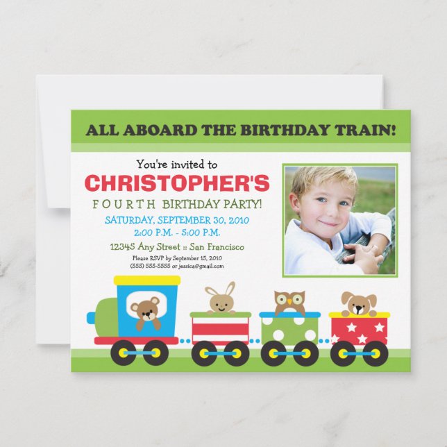 Alla Tåg pojkes födelsedagsinbjudan (grönt) Inbjudningar (Framsida)