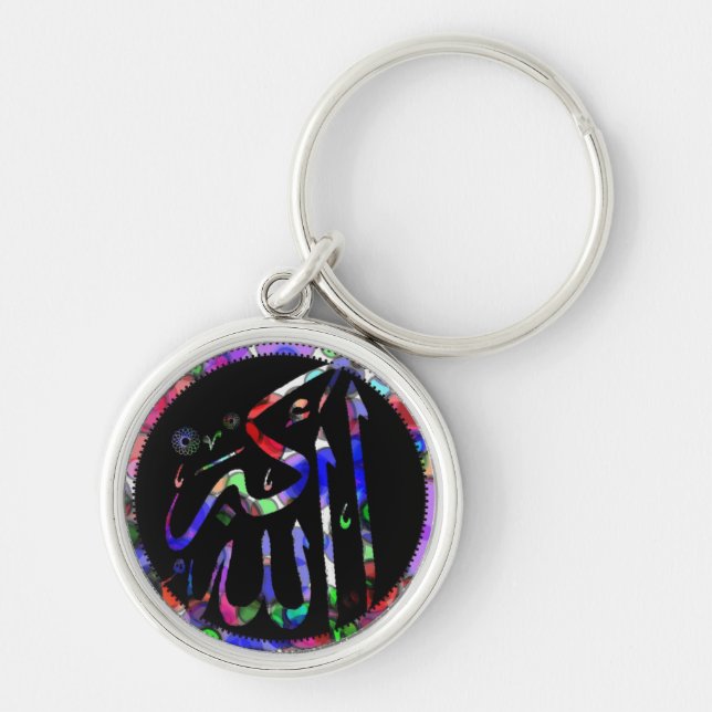 Allahu Akbar 3-D islamisk deluxe keychain Rund Silverfärgad Nyckelring (Framsidan)