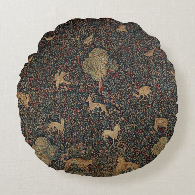 Allegorik Millefleurs-tekonst med djur Rund Kudde (Framsidan)