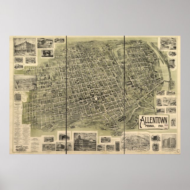Allentown Pennsylvania 1901 Antique Panoramic Kart Poster (Framsidan)