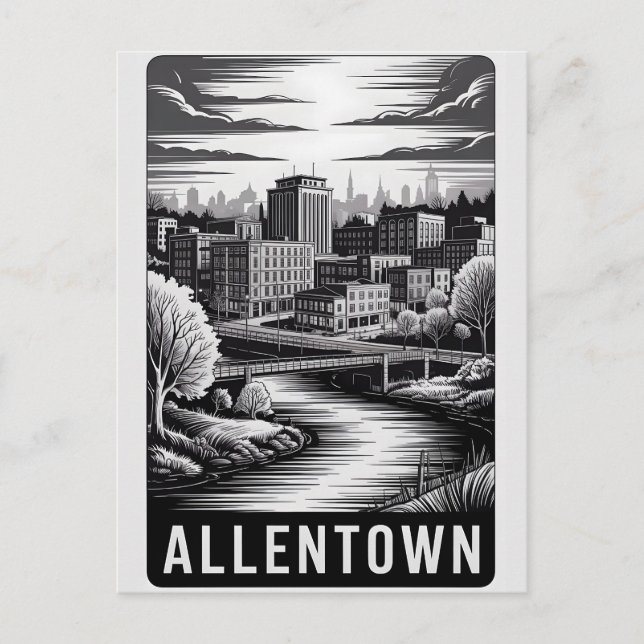 Allentown Pennsylvania Siluett Svart Vitt Träsnitt Vykort (Framsida)