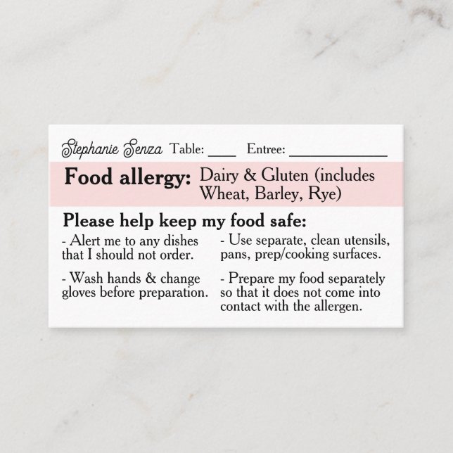 Allergy Dining Card, Celiac Friendly Restaurant (Framsida)
