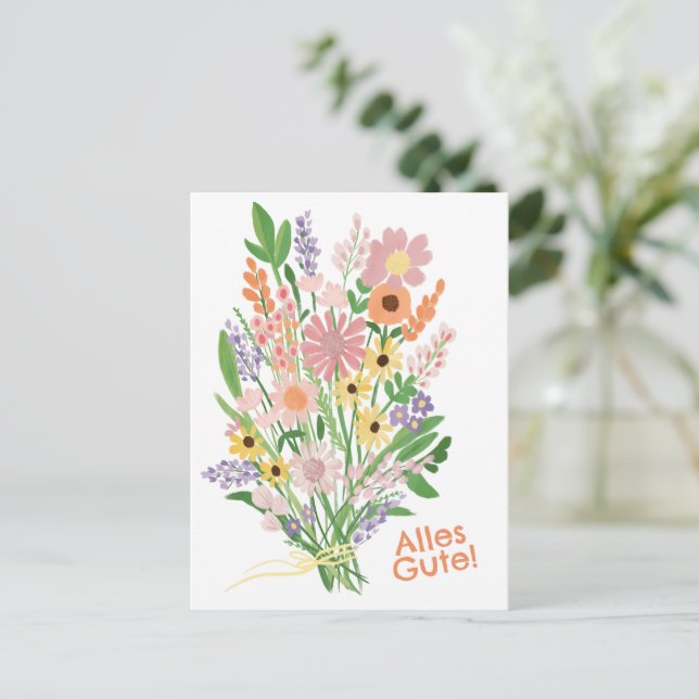 Alles Gute Wildblumen süß Gouache Glückwunsch Vykort (Stående Fram)