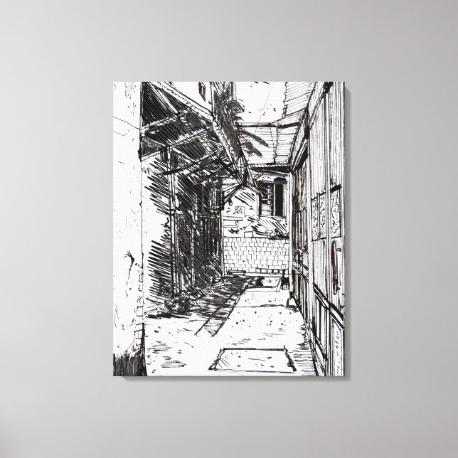 Alleyway Saigon Vietnam Cityscape Pen och Bläck Ar Canvastryck (Framsida)