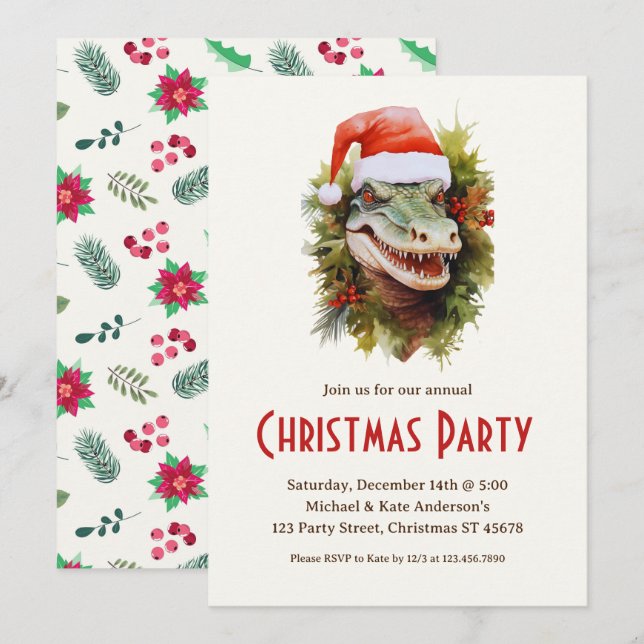 Alligator a Santa Hat Poinsettias jul Party Inbjudningar (Fram/baksida)