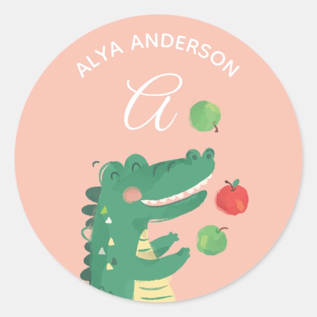 Alligator ・ Alphabet Monogram Cute School Daycare Runt Klistermärke (Framsida)