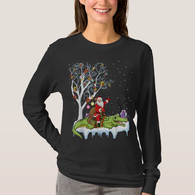 Alligator Älskare Julafton Gift Santa Riding Allig T Shirt (Framsida)