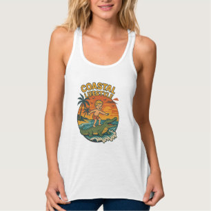 Alligator Beach Surfing   Retro Gator Coastal Surf Linne Med Racerback