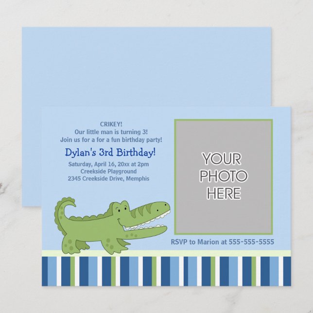 Alligator Boys Birthday Inchange Inbjudningar (Fram/baksida)