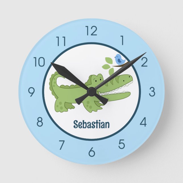 Alligator Crokodile Blue Bird Cute Jungle Nursery Rund Klocka (Framsida)