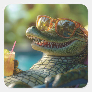 Alligator Enjoeing a Poolside Cocktail Fyrkantigt Klistermärke
