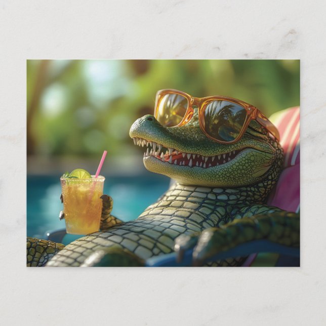 Alligator Enjoeing a Poolside Cocktail Helg Vykort (Framsida)
