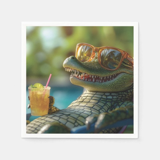 Alligator Enjoeing a Poolside Cocktail Pappersservett (Framsidan)