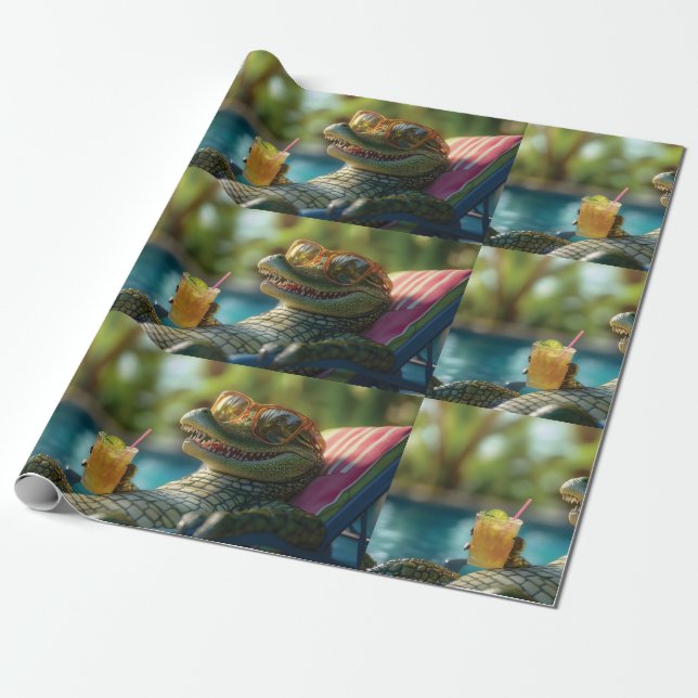 Alligator Enjoeing a Poolside Cocktail Presentpapper (Utrullad)