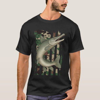 Alligator Gar med Kamouflage amerikansk flagga, Fi T Shirt