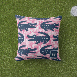  Alligator Greek Key- Hot Pink & Navy Monogram Kudde